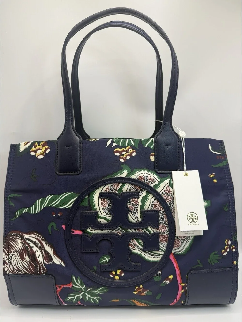 Tory Burch Ella Printed Mini Tote Navy NWT Hand Bag Purse Nylon
